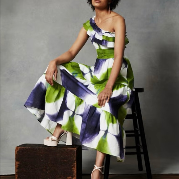 Chic Green and Blue One-Shoulder Sundress - Picture 1 of 4